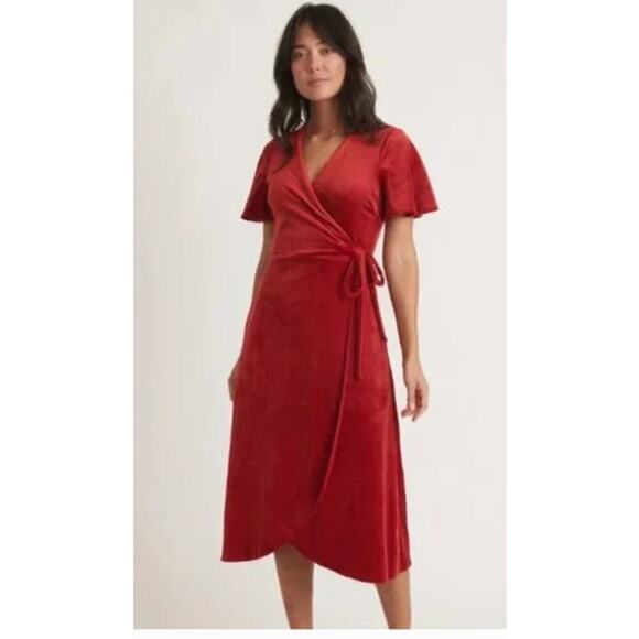Marine Layer Viola Dress Velour Velvet Short Sleeve Wrap Midi Red Dhalia NWT XS - Picture 1 of 10